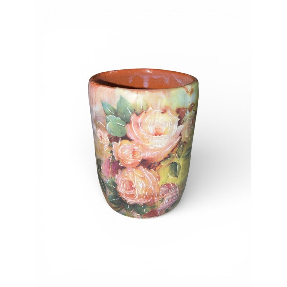 Hand Painted Rose Ceramic Art Pottery Vase Gold Accents Potter's Mark 6in